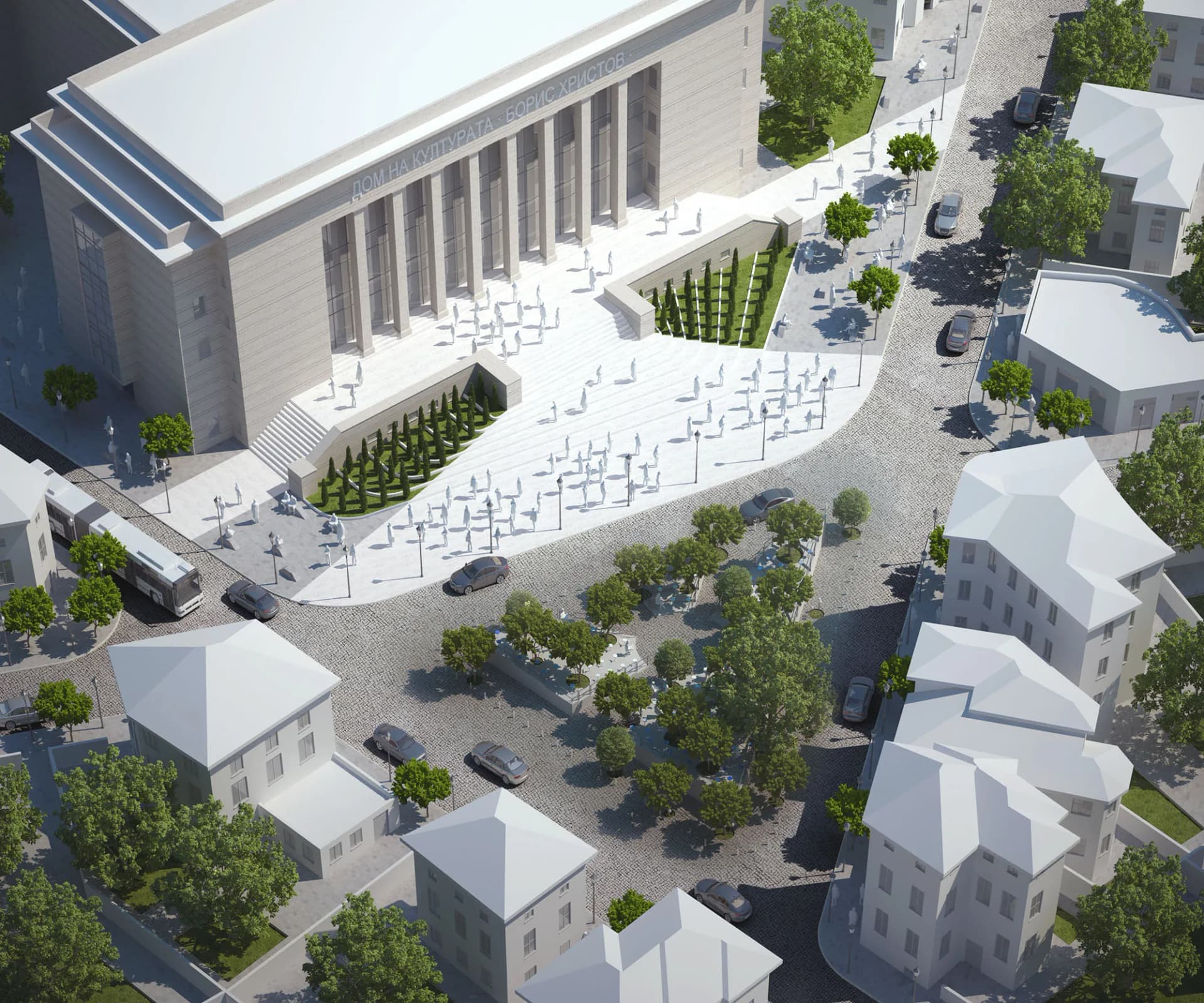 Architectural concept for urban design and the integration of the open spaces in front of the Boris Hristov House of Culture into the active urban environment.