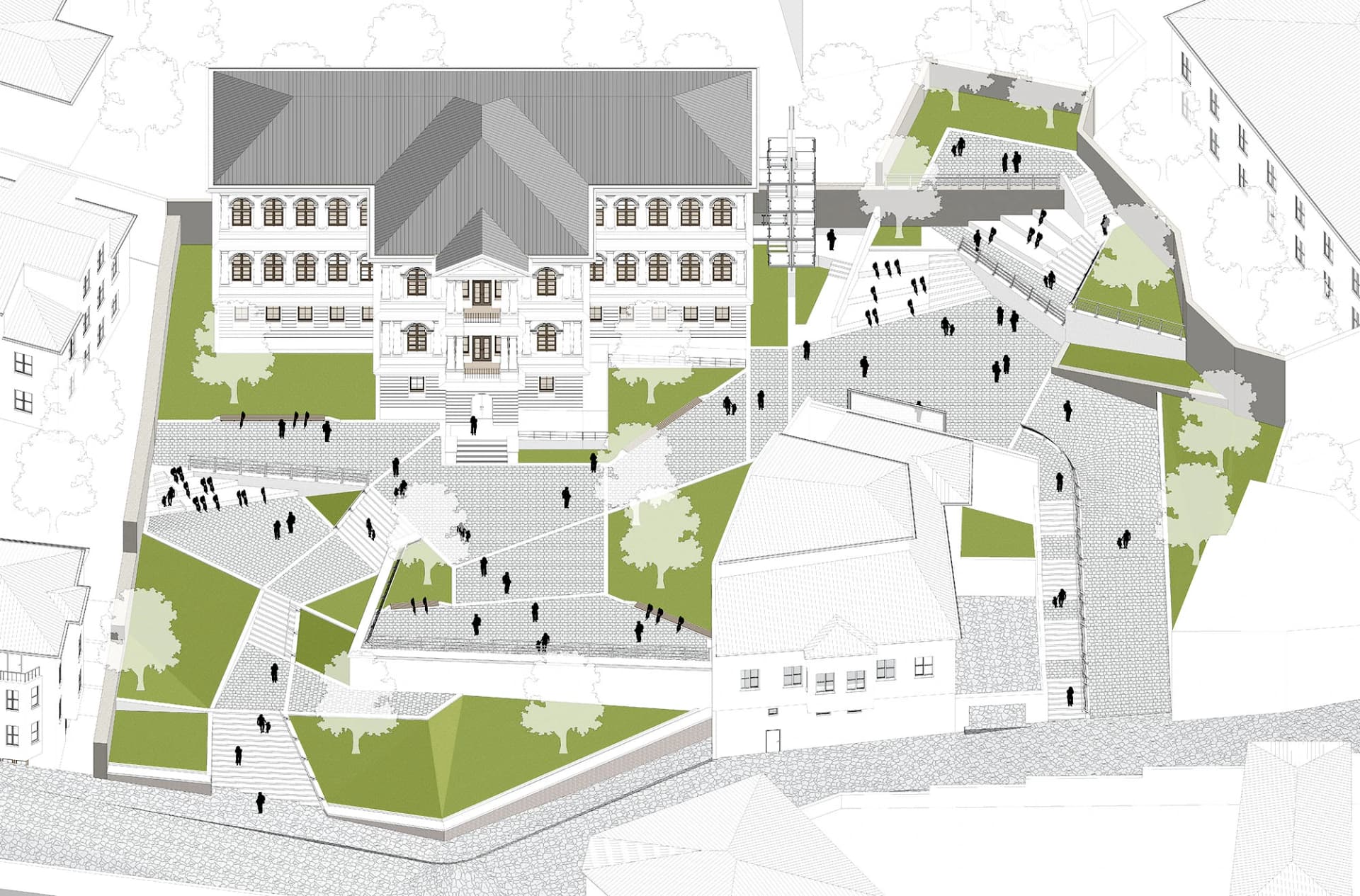 A contemporary urban environment featuring diverse functions, exhibition areas, and landscape design.