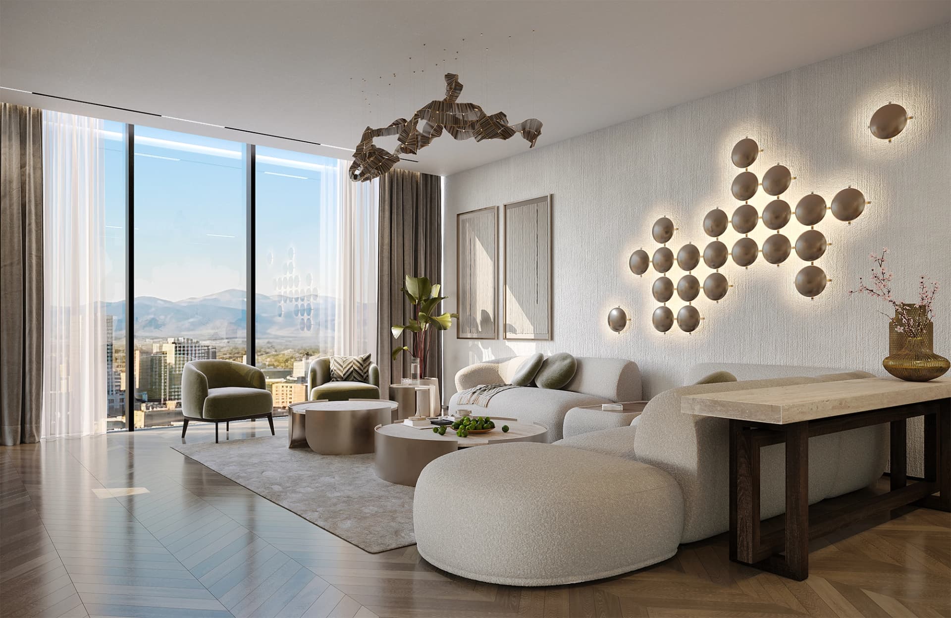 High-end living room design featuring a panoramic view, luxurious Italian furnishings, and designer lighting fixtures.