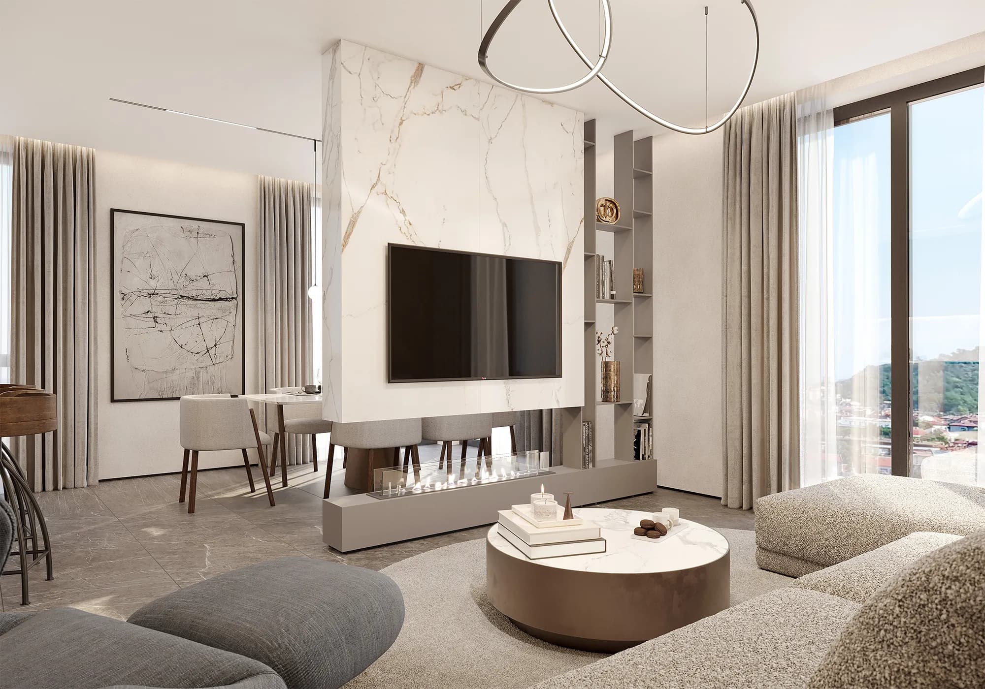 Modern, cozy living room with premium finishes, natural light, and generous space.