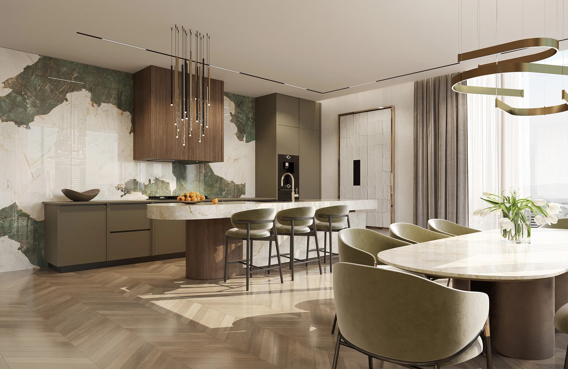 High-end kitchen interior design featuring luxury cabinetry, premium finish materials, and refined designer lighting fixtures.