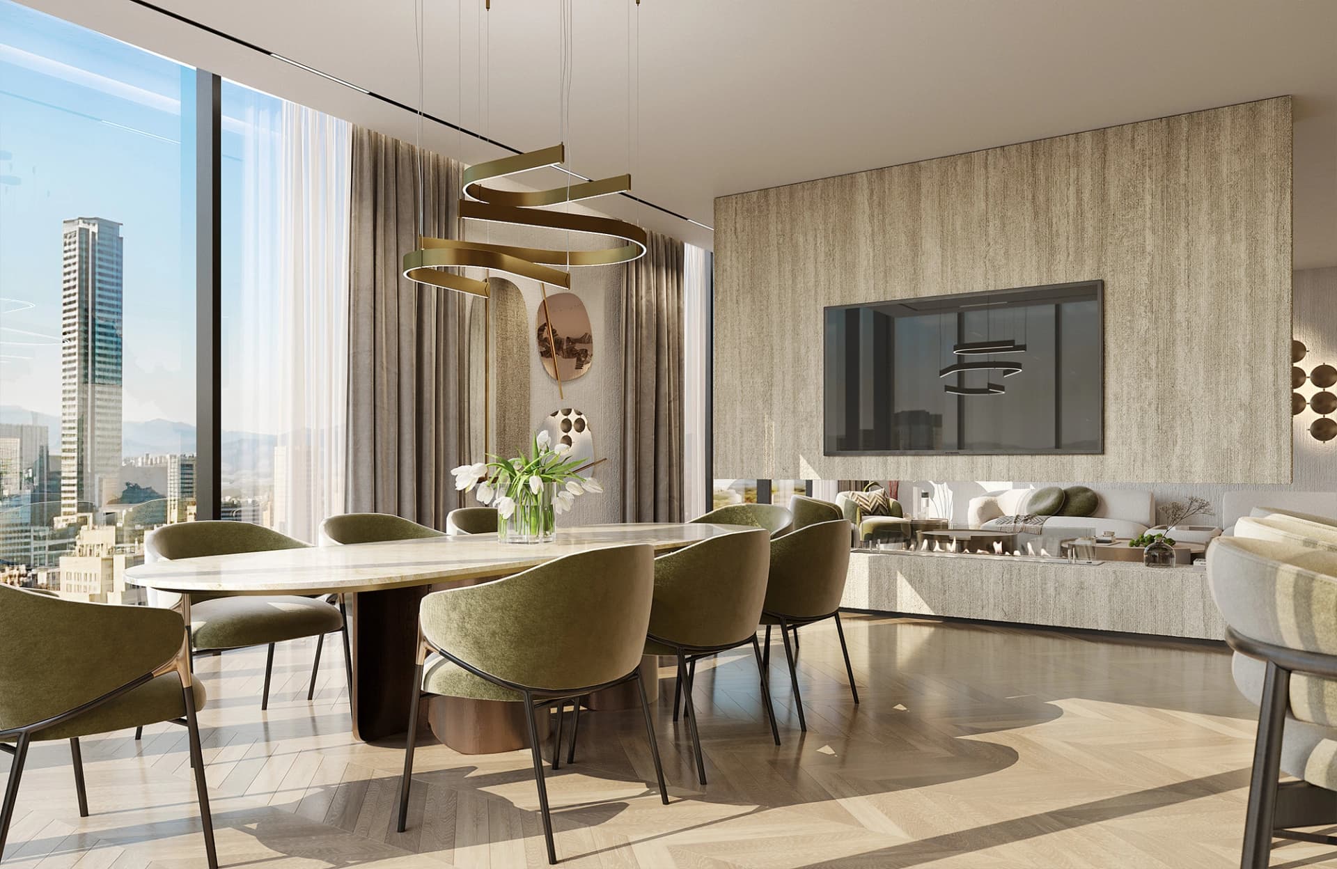 High-end dining room interior design featuring luxury furnishings, premium finish materials, and refined designer lighting fixtures.