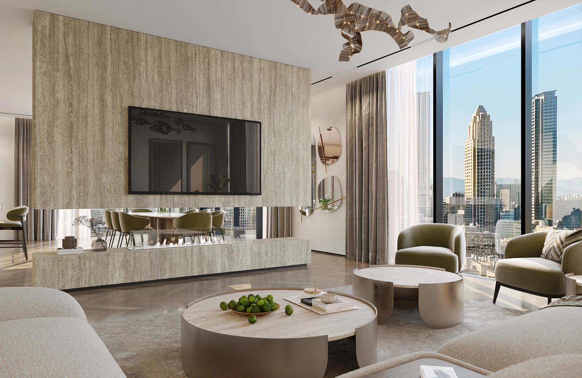 High-end living room design featuring a panoramic view, luxurious Italian furnishings, and designer lighting fixtures.