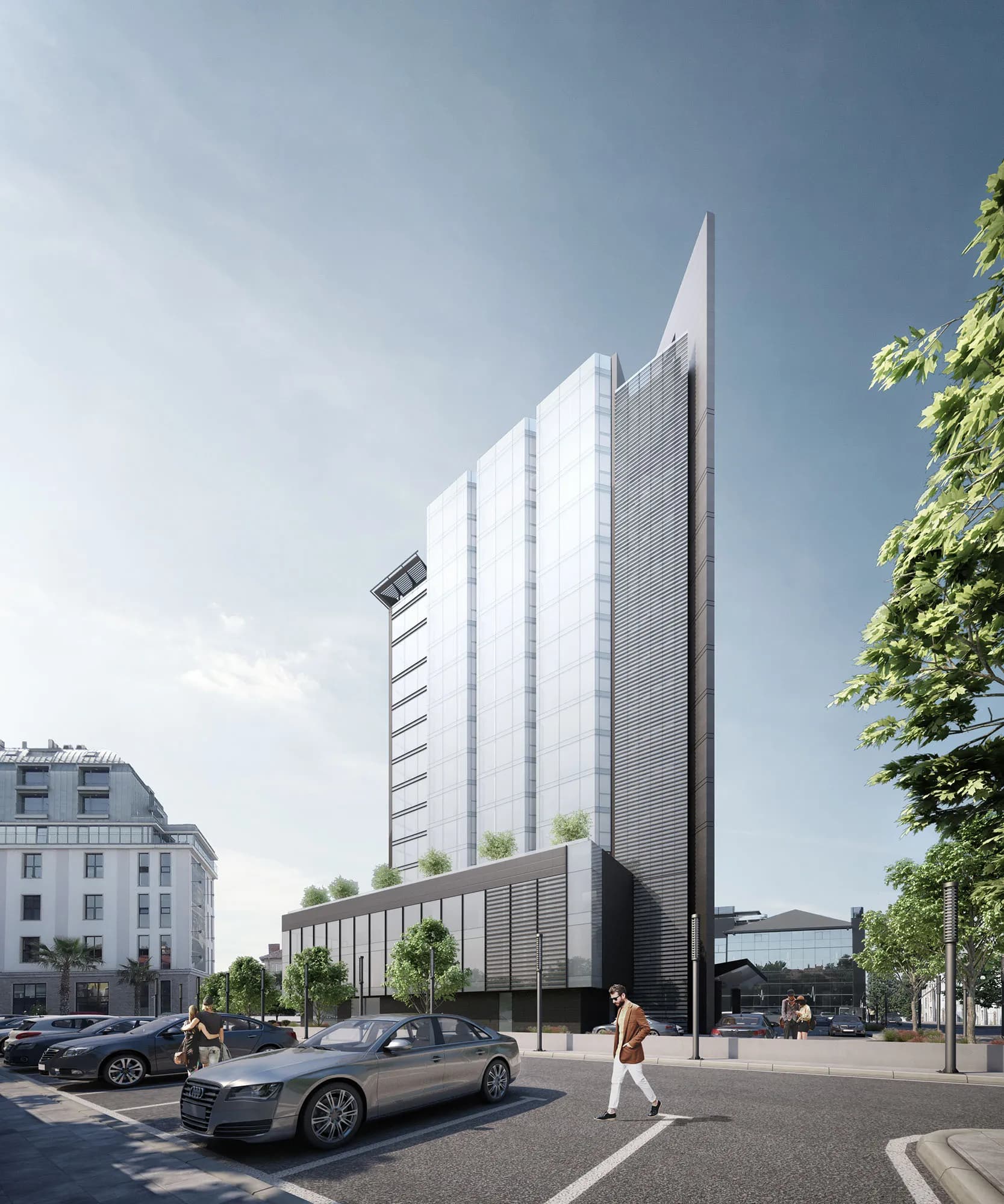 Modern, elegant hotel building with high-end architectural design, located in the city center.