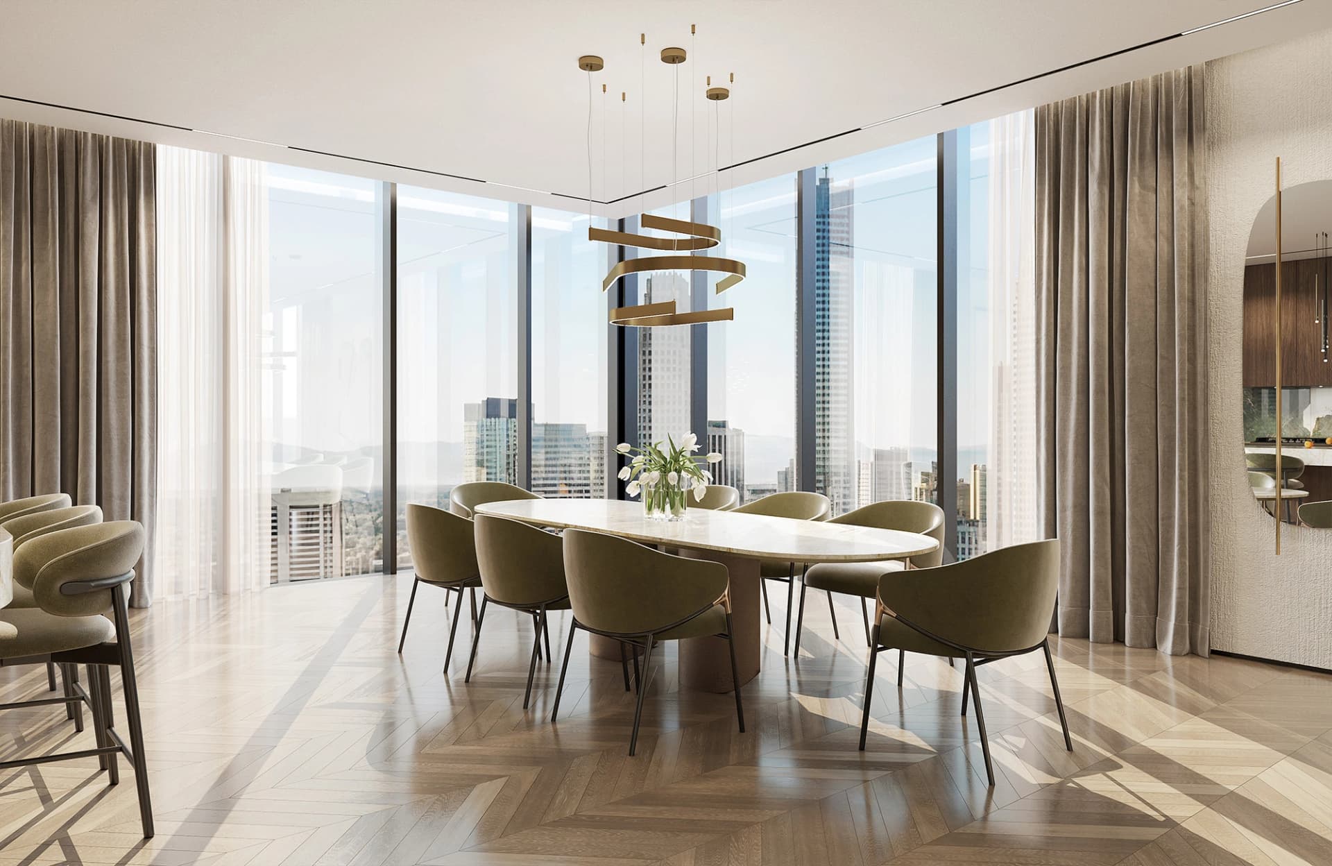High-end dining room interior design featuring panoramic view, luxury furnishings, premium finish materials, and refined designer lighting fixtures.