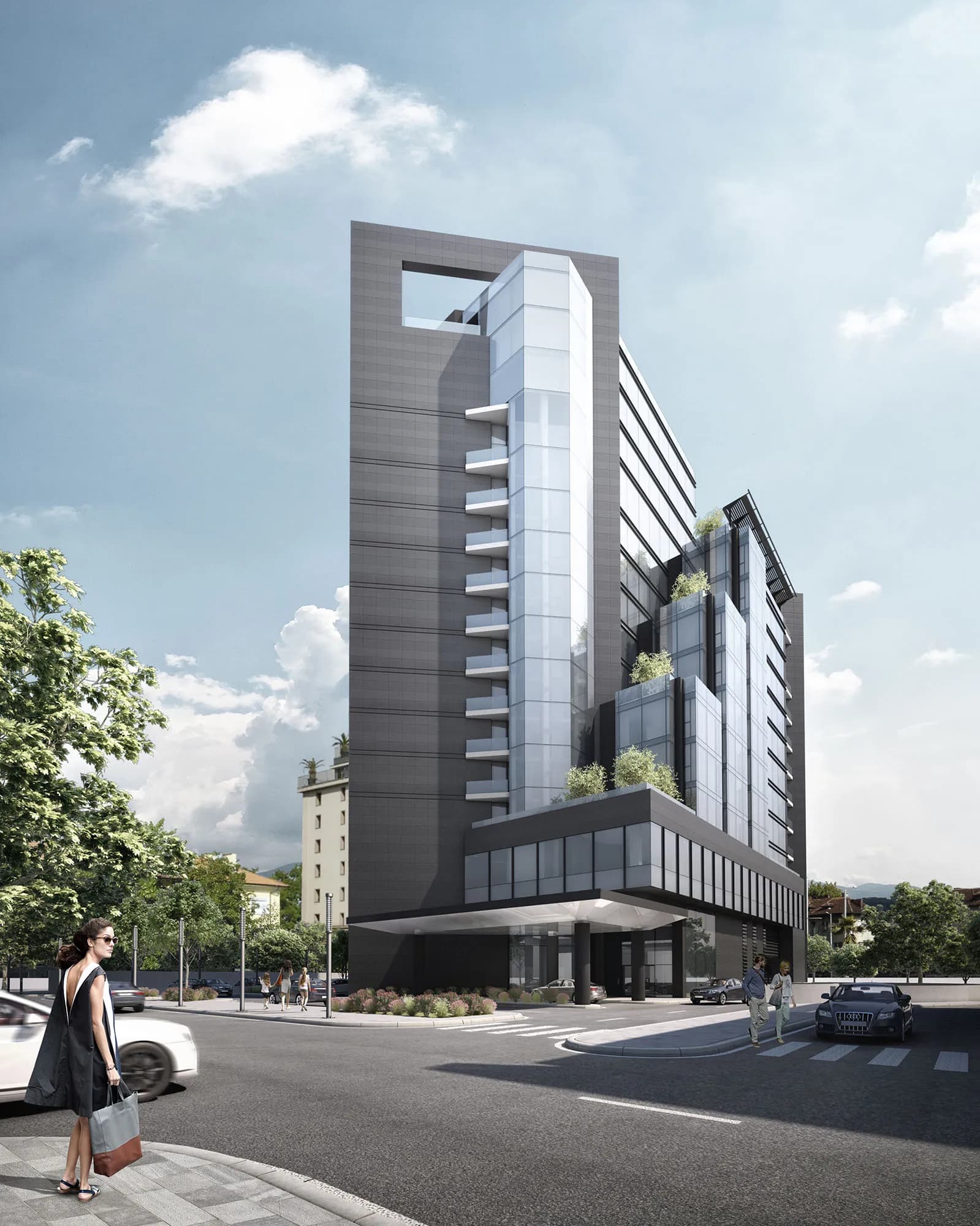 Modern, elegant hotel building with high-end architectural design, located in the city center.