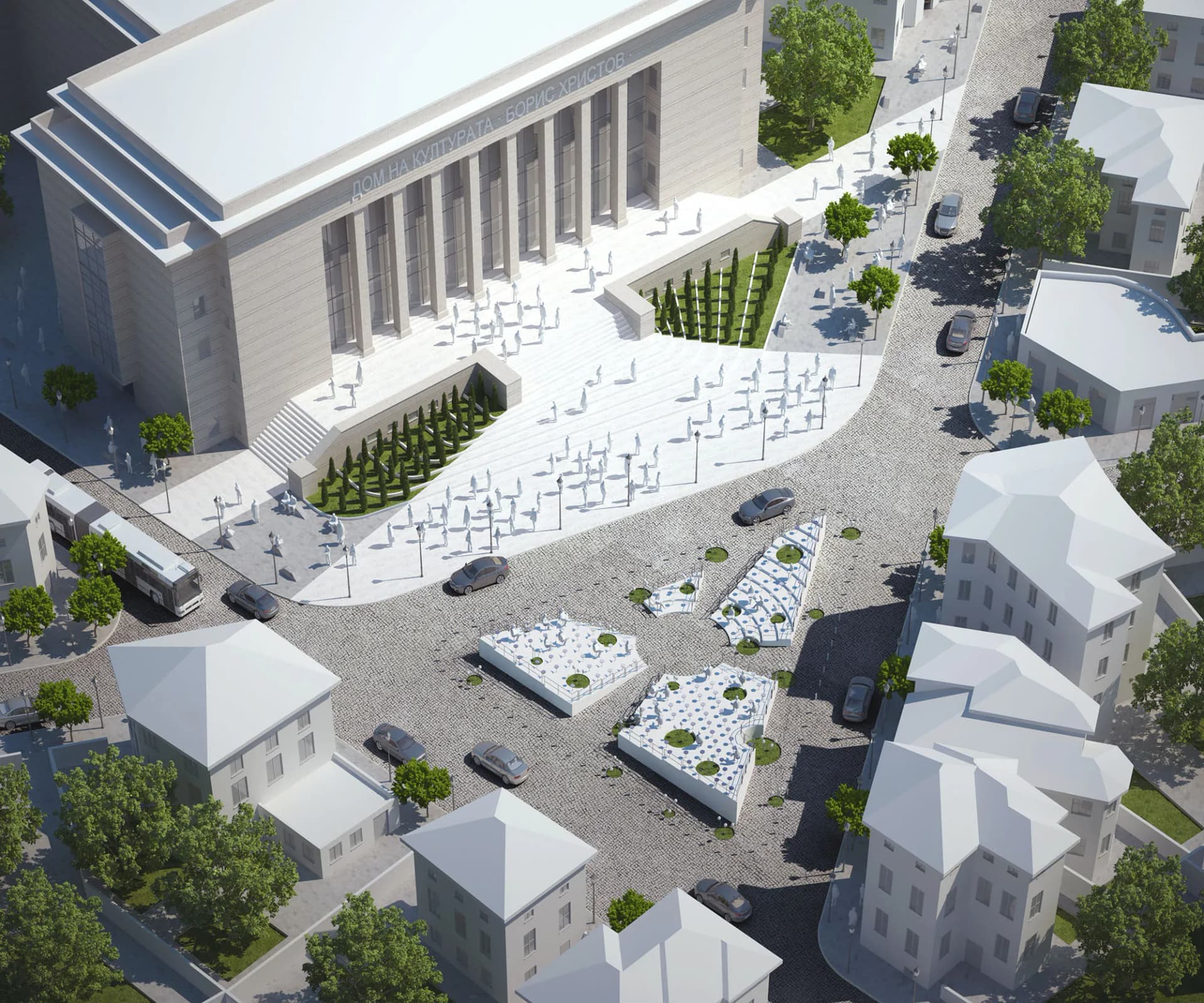 Architectural concept for urban design and the integration of the open spaces in front of the Boris Hristov House of Culture into the active urban environment.